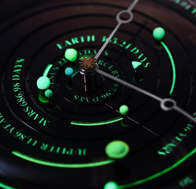 Super-LumiNova planetarium dial glowing in the dark